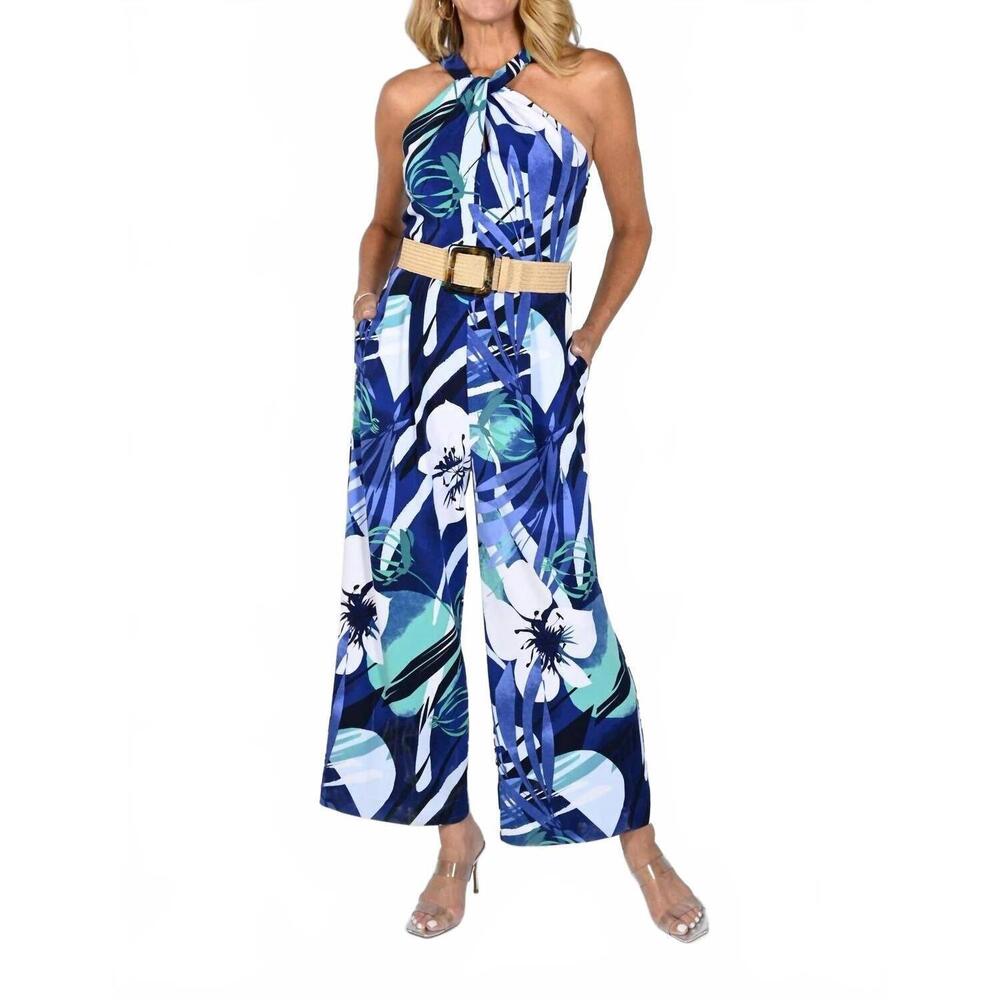 NEW FRANK LYMAN floral print halter jumpsuit in white/puple